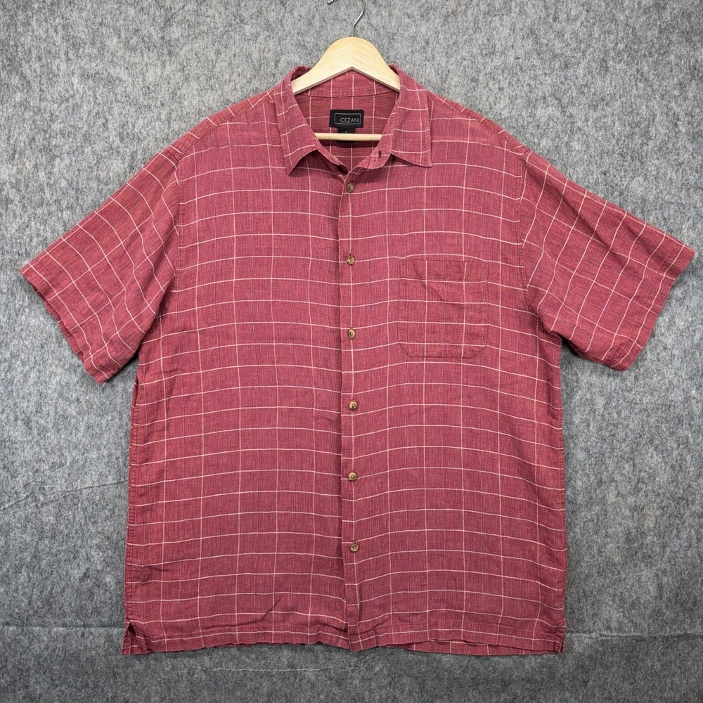 Cezani Linen Blend Button Up Shirt Men's‎ Large Red Plaid Flowy Lightweight Camp
